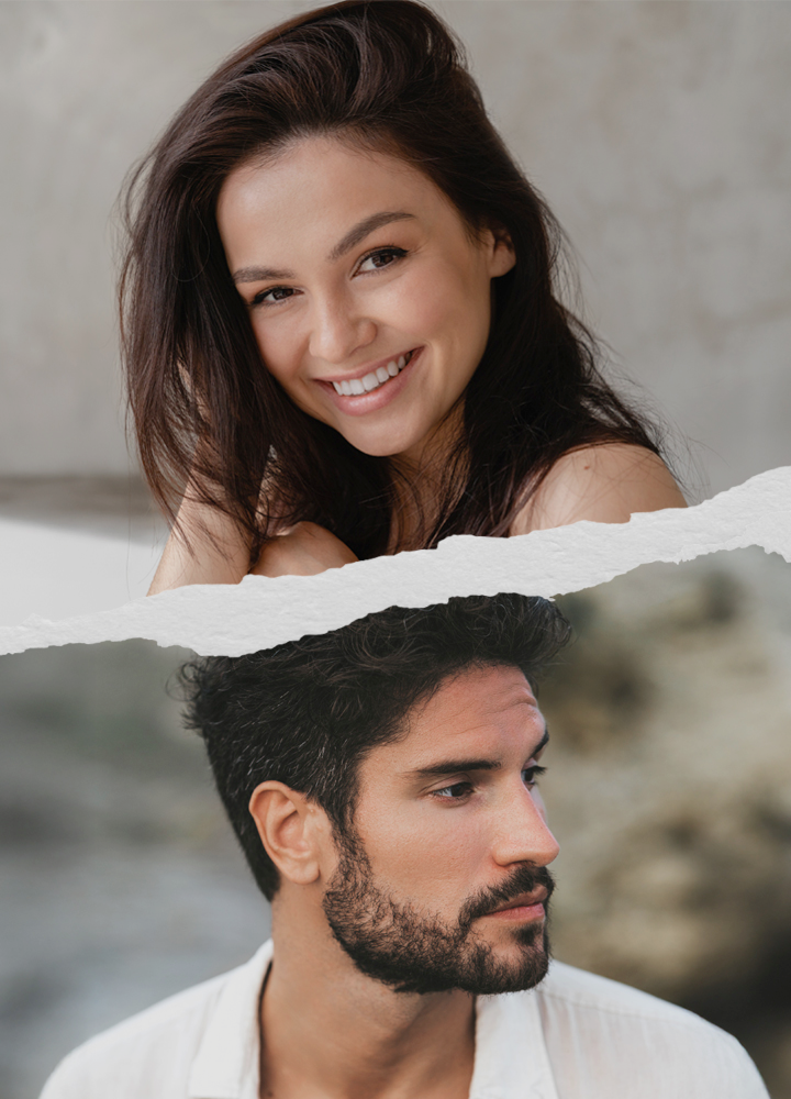 A vertical collage of two photos. The top shows a woman with long, voluminous brunette hair smiling warmly. The bottom shows a man with short, dark curly hair and a groomed beard looking off to the side in profile.