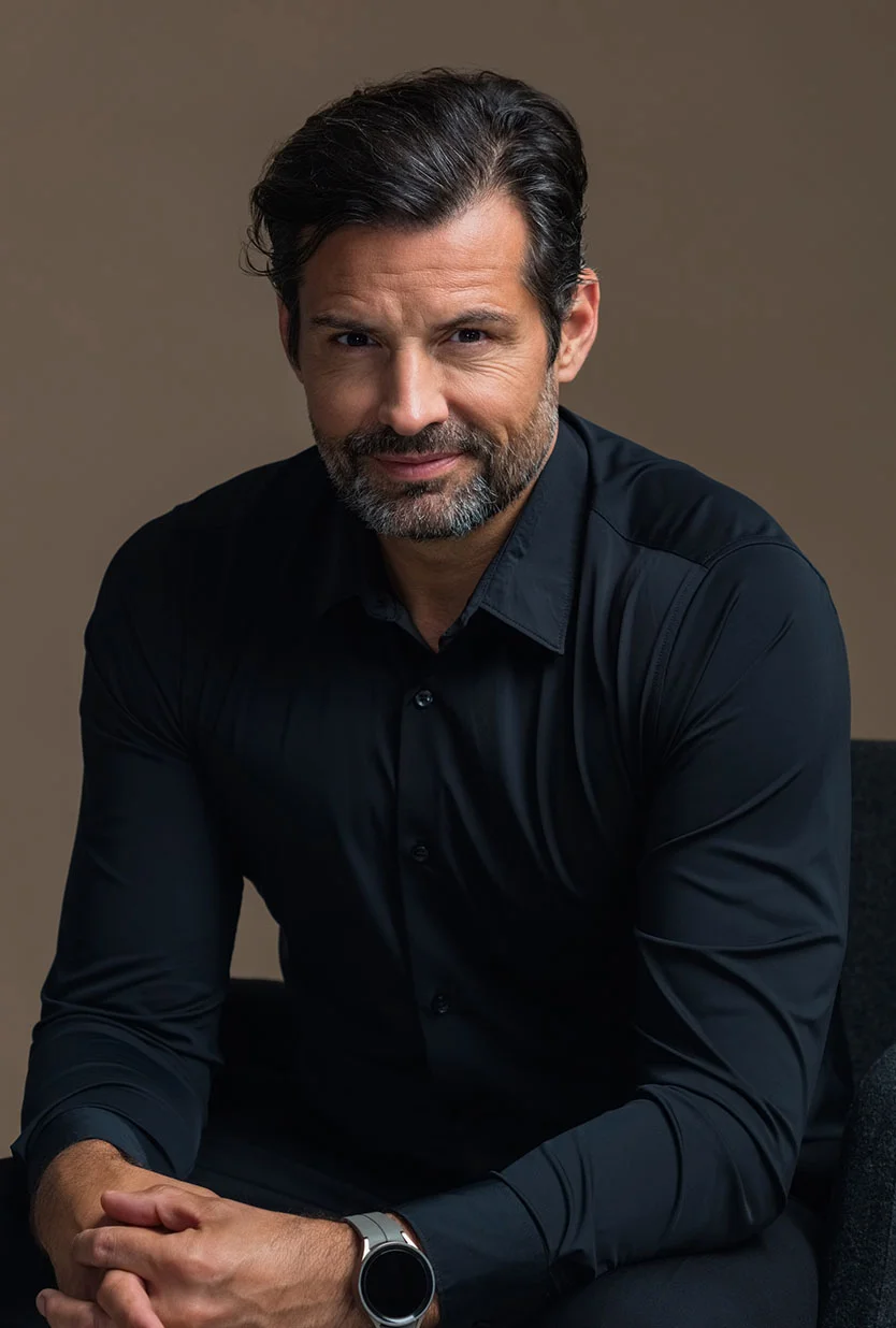 A smiling man with dark hair and a beard, wearing a black long-sleeved shirt, is seated and looking directly at the camera. He is holding his hands together in his lap and wearing a silver watch on his left wrist. The background is a solid tan color. - Male Facelift and Neck Lifts in Draper, UT